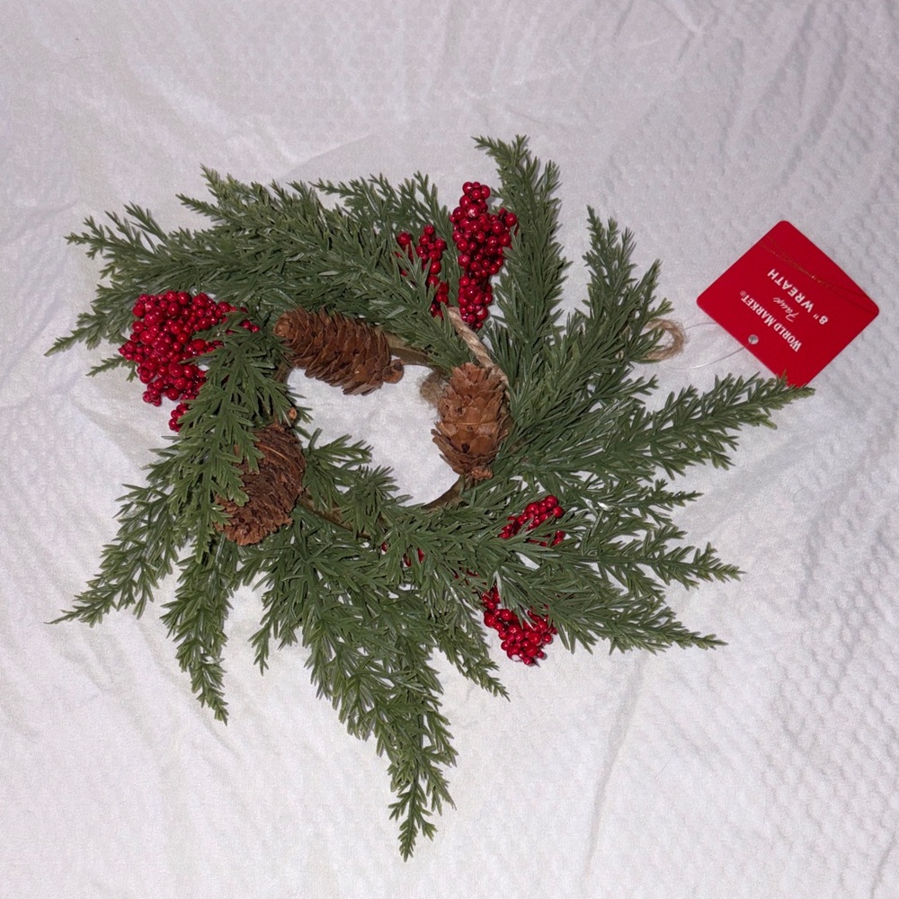 NWT World Market Faux 8” Wreath Assorted Mini Red Berry and Pine Holiday Decor